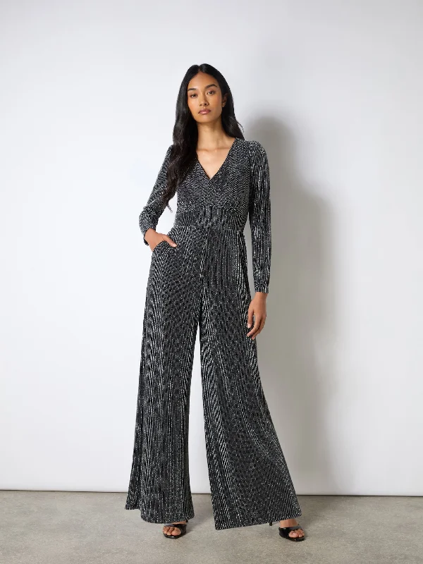 Women's Jumpsuits with U-Shaped CollarEliza Silver Sparkle Jersey V-Neck Jumpsuit