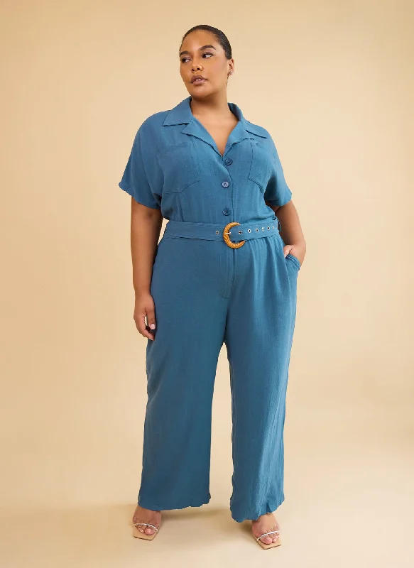 Women's Jumpsuits with Keyhole CollarPadma Linen Belted Jumpsuit - Cadet Blue