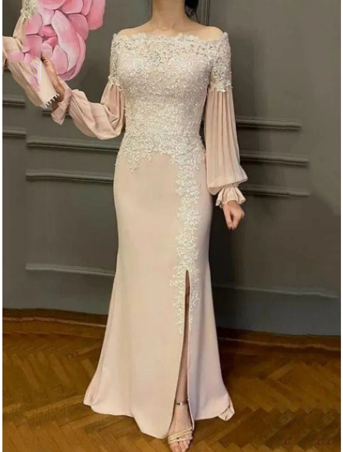 Women's V-Shaped Collar DressesSheath / Column Mother of the Bride Dress Wedding Guest Party Elegant Off Shoulder Floor Length Chiffon Lace Long Sleeve with Split Front