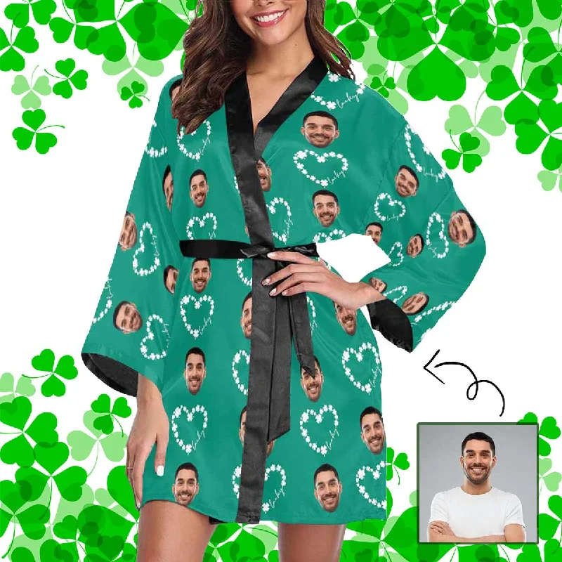 women's pajamas for a night of deep sleepCustom Face Pajama Robe Green Lucky Heart Personalized Pajamas with Pictures for Women