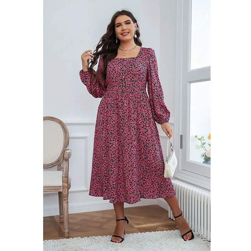 Women's High Collar DressesBerriesJam - Long Sleeve Floral Elegant Square Collar Maxi Party Dress