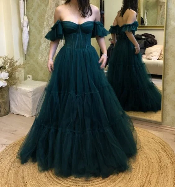 Women's Sleeveless Dressesgreen prom dress off the shoulders tulle Party Dress          S3680