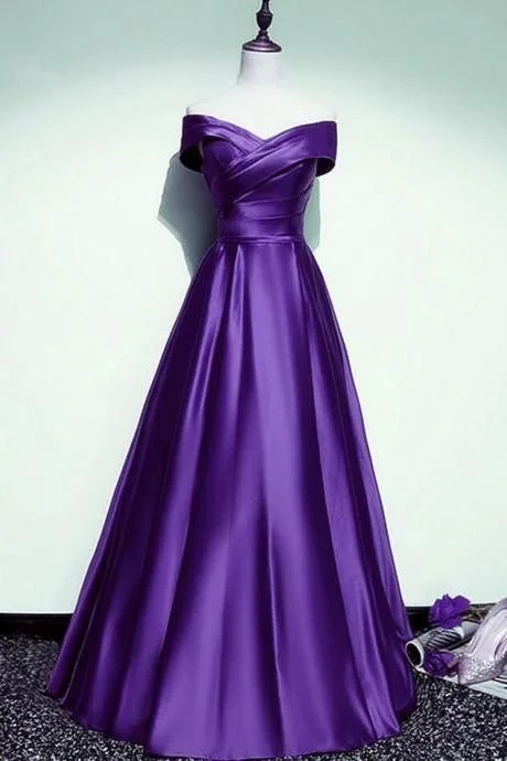 Women's High Collar DressesOff Shoulder A-line Purple Satin Long Party Dresses        S3538