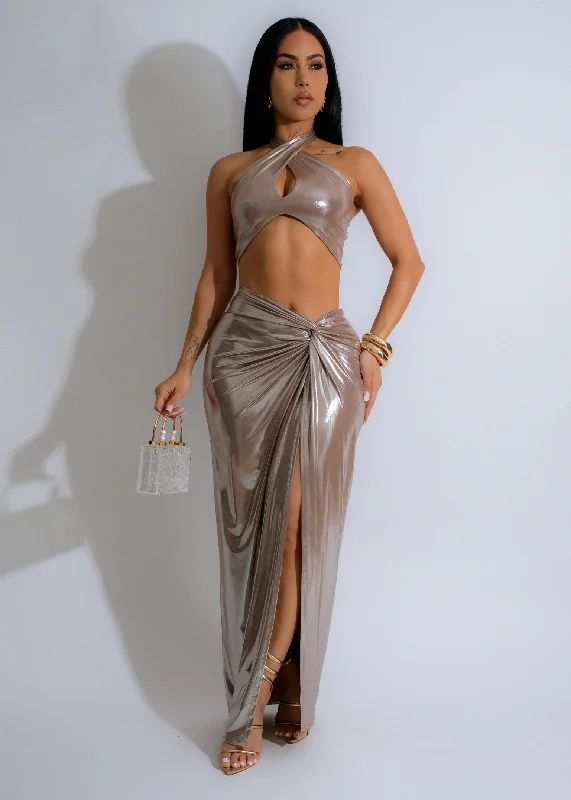 Liquid Luxe Metallic Skirt Set Nude