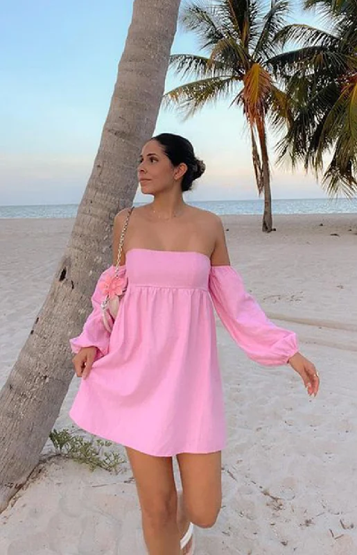 Women's Short-Sleeve DressesKoa Pink Off Shoulder Linen Mini Dress