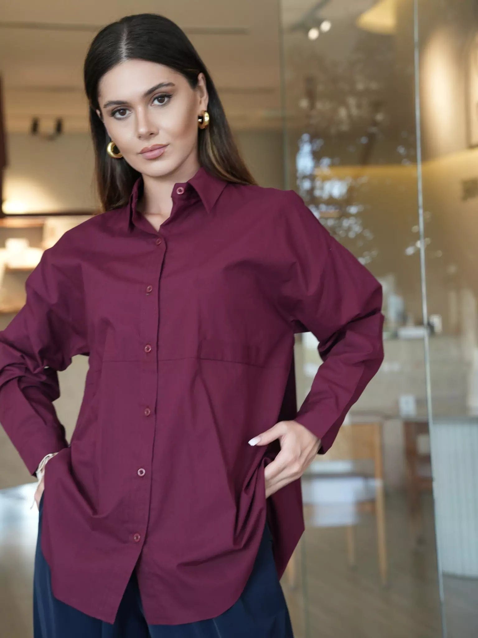 Women's Blouse with Square NeckOrient Plum Button Down Shirt