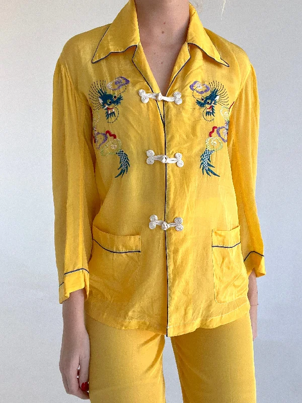 women's pajamas for those who cherish their bedtime routines1940's Yellow Silk Pyjama Set