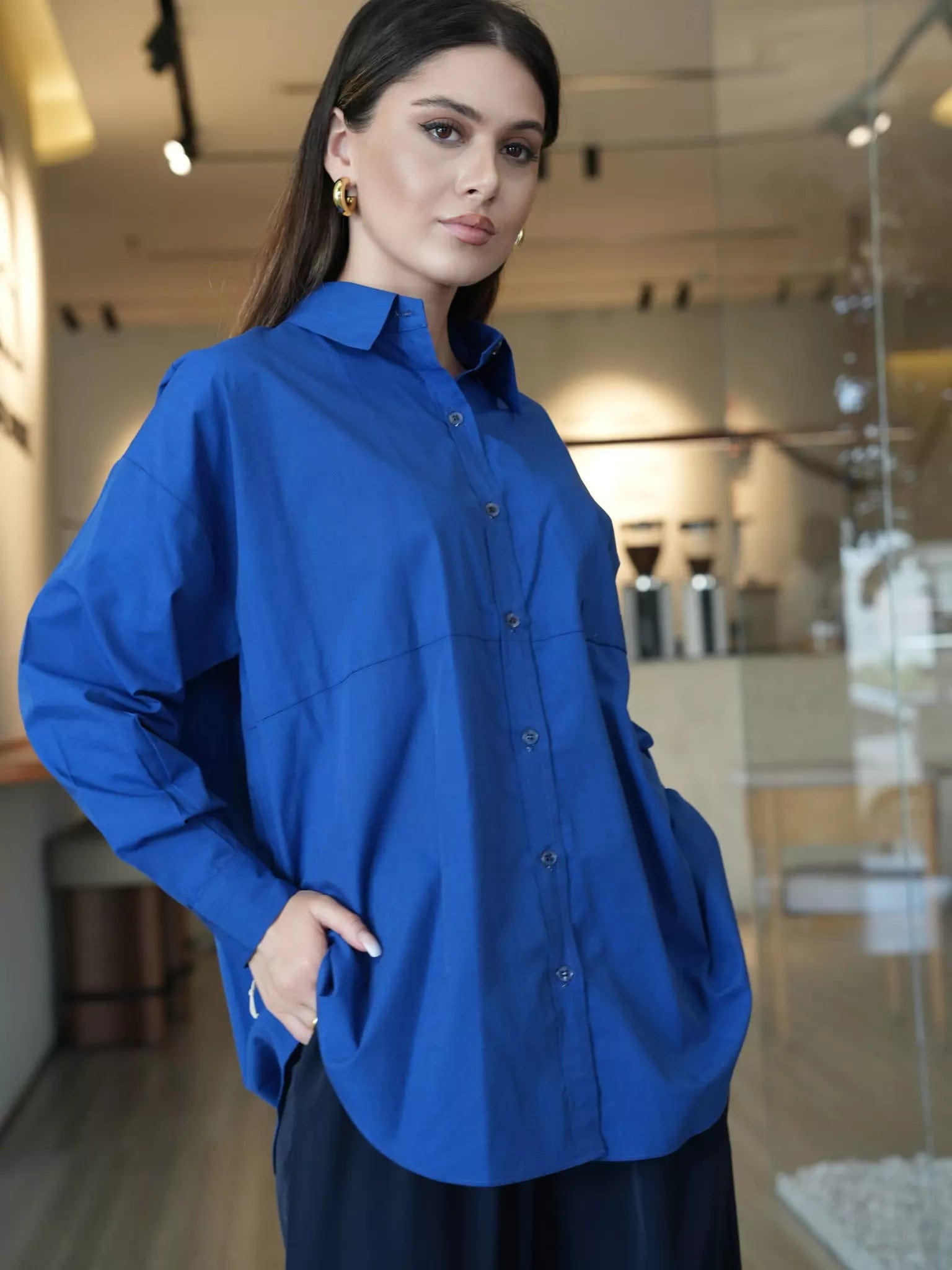 Women's Blouse with Long LengthOrient Blue Button Down Shirt