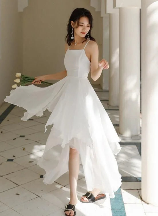 Women's Narrow Collar DressesWhite Chiffon High Low Chic Simple Wedding Party Dress, White Short Prom Dress Graduation Dress     S3375