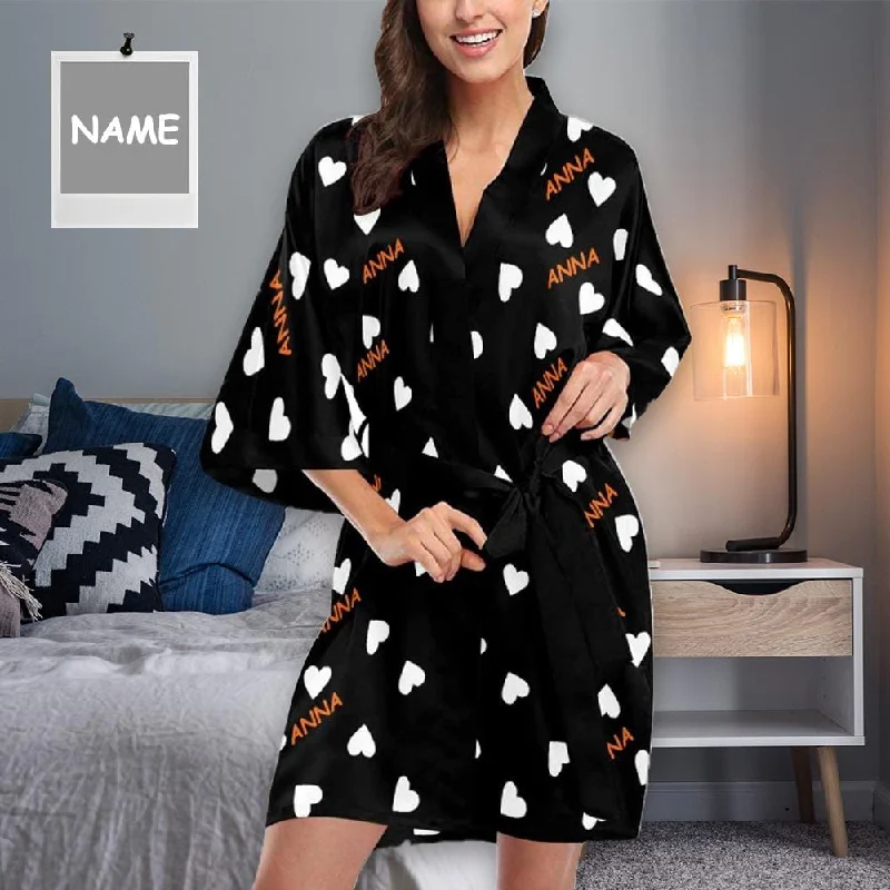 women's pajamas for loungingCustom Name Pajama Robe Heart Black Personalized Pajamas with Pictures for Women