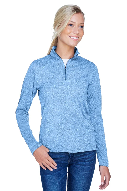 Women's Hoodie JacketsUltraClub Womens Heather Cool & Dry Performance Moisture Wicking 1/4 Zip Sweatshirt - Heather Columbia Blue