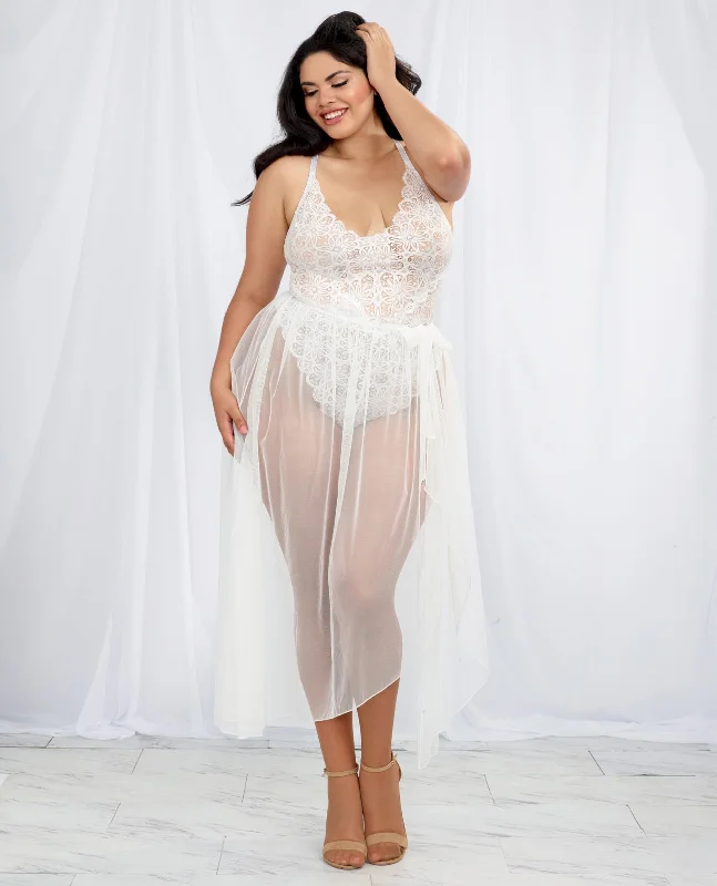 balconette bra for cleavage enhancementStretch Lace Teddy & Sheer Mesh Maxi Skirt W-adjustable Straps & G-string White 2x