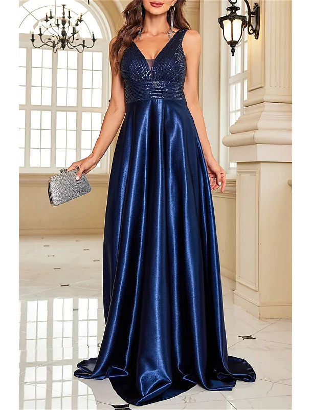 Women's Mandarin Collar DressesA-Line Mother of the Bride Dress Wedding Guest Party Sparkle & Shine Elegant V Neck Floor Length Satin Sequined Sleeveless with Sequin Color Block