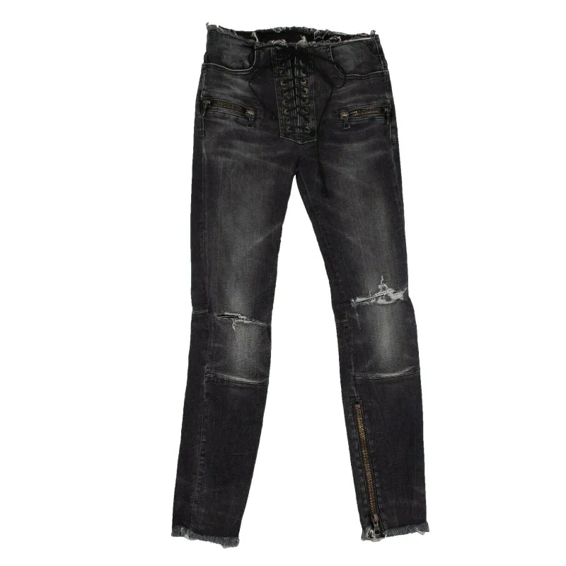 Women's Jodhpurs with Shirt CollarUnravel Project Dark Lace-Up Skinny Jeans - Denim