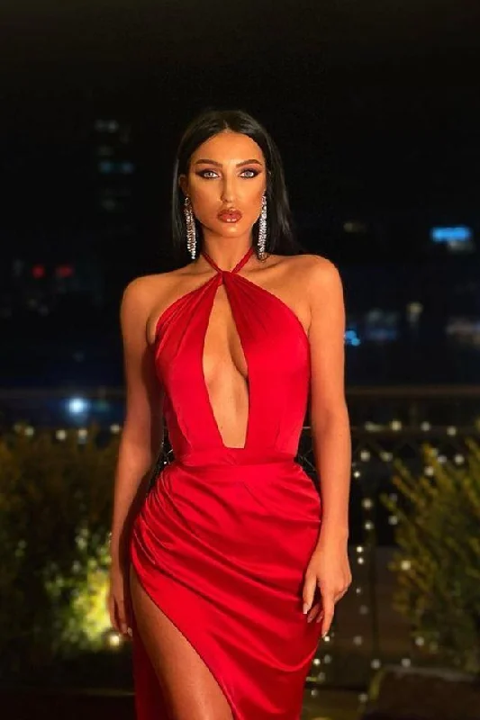 Women's Shift DressesSexy Mermaid Halter Red Satin Deep V Neck Prom Evening Dresses with High Split,Evening Party Dresses     S3606