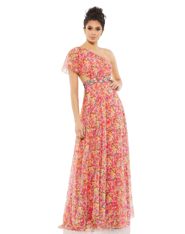  Women's A-Line DressesFloral Print One Shoulder Butterfly Sleeve A Line Gown