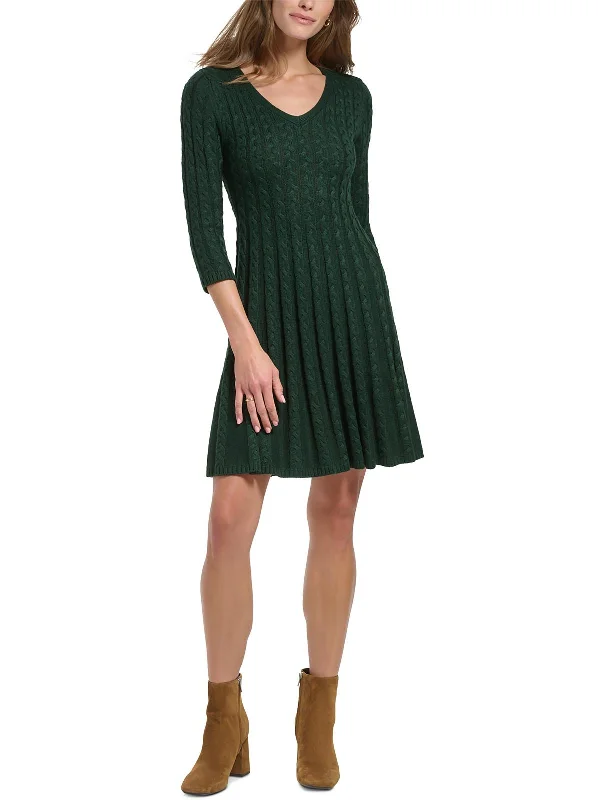 Women's Fitted SweatersPetites Womens Cable Knit V-Neck Sweaterdress