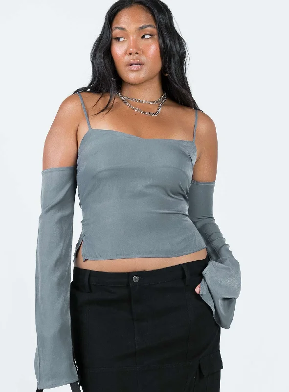 Women's Blouse with Rounded CollarCold Shoulder Top Slate