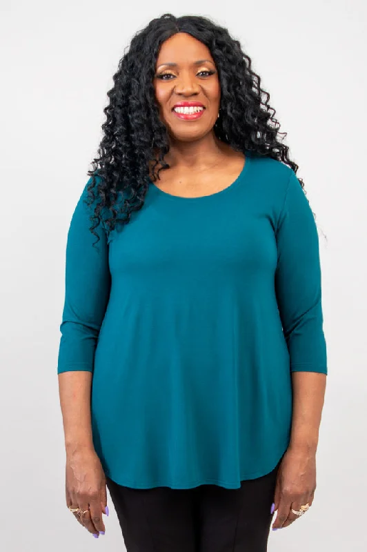 Women's Blouse with Peter Pan CollarJazz 3/4 Slv Top, Teal, Bamboo