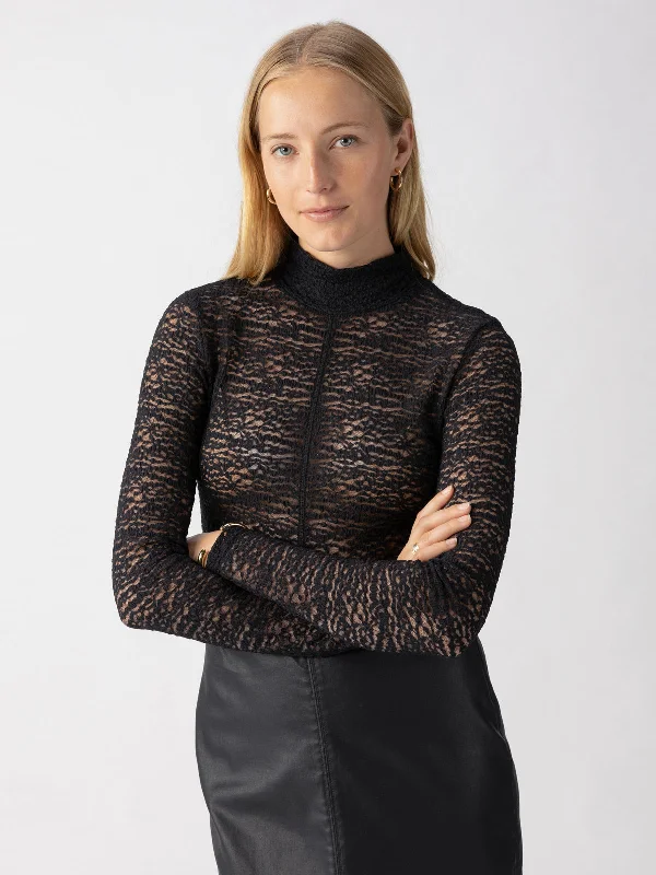 Women's Blouse with Boat CollarLong Sleeve Textured Mock Neck Top Black