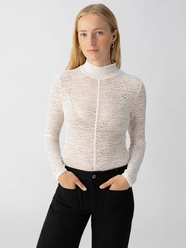 Women's Blouse with SequinsLong Sleeve Textured Mock Neck Top Chalk