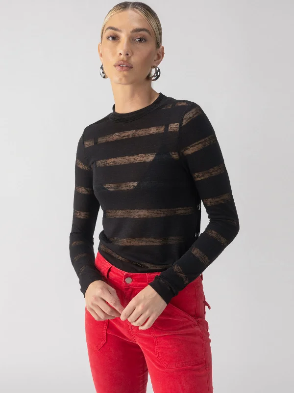 Women's Blouse with Low CollarSemi Sheer Stripe Tee Black