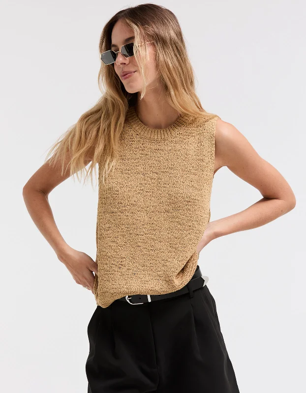 Women's Blouse with Narrow CollarAlvin Knit Top - Stone