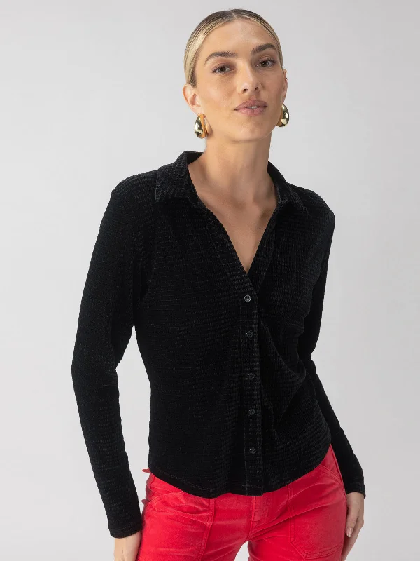 Women's Blouse with ShirringTextured Velvet Button Up Top Black