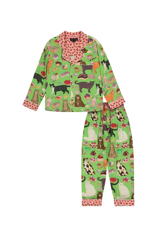 women's pajamas with a charming floral patternCat Café Green Kids Pyjama Set