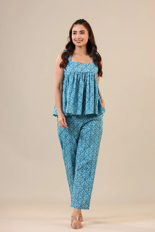 women's pajamas for cold weatherCoral Canopies on Blue Loungewear Top Set