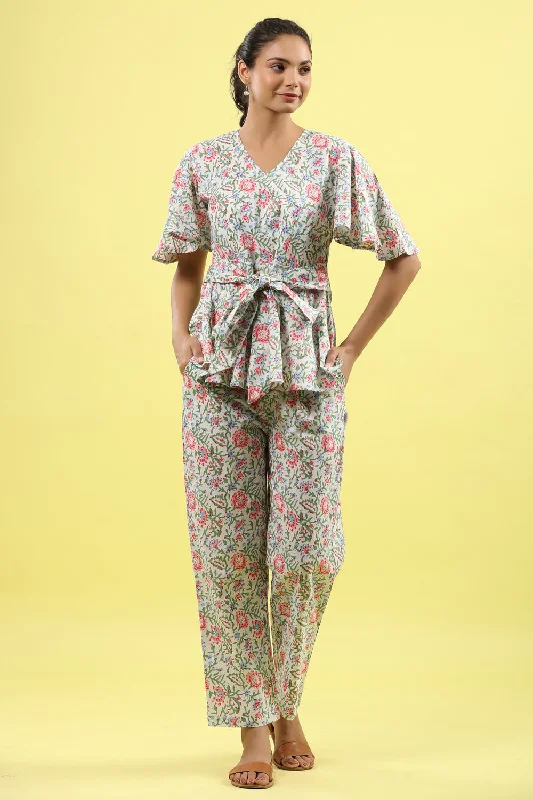 women's pajamas with a relaxed fitFloral Jaal on White Lounge Loungewear Top Set