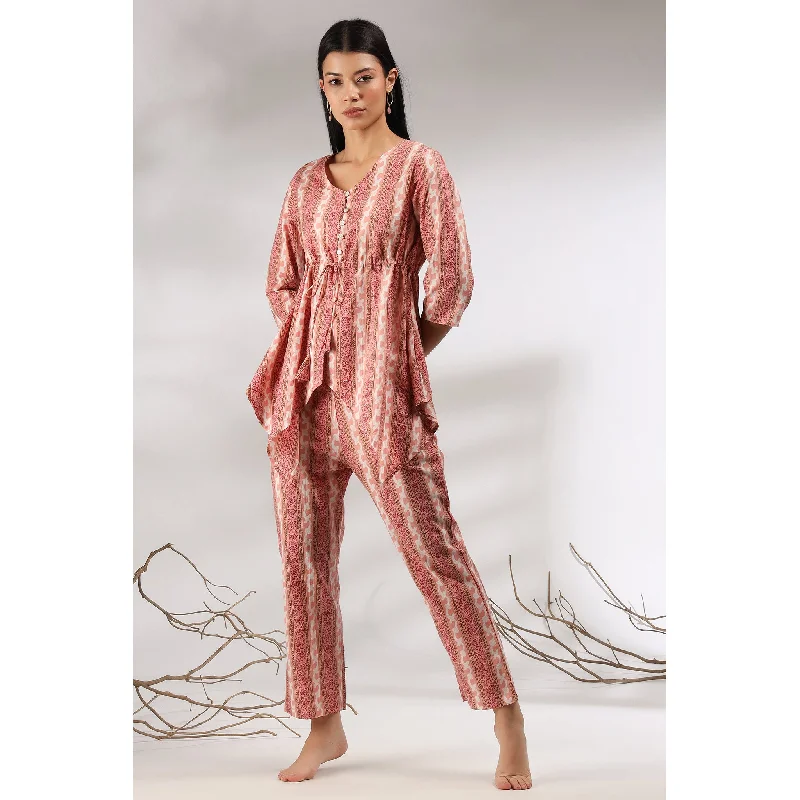 women's pajamas with a charming, vintage aestheticFloral Twines on Asymmetrical Pink Loungewear Top Set