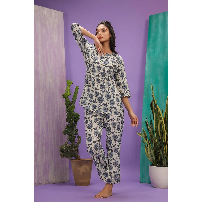 women's pajamas with adjustable waistbandsFloral Twines on Off-white Loungewear Top Set