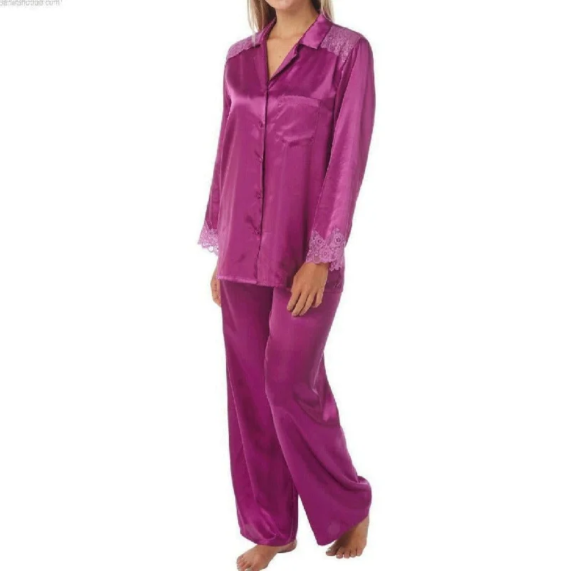 elegant women's satin pajamasWomen’s Satin Pyjamas Long Sleeve Nightwear Loungewear Set Fushia