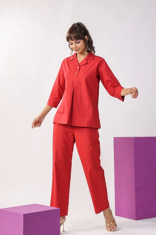 floral print women's pajamasSolid Red Cotton Loungewear Top Set